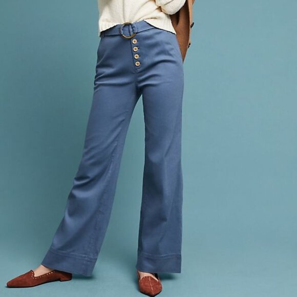 Anthropologie Cassidy Wide Leg Belted Trousers Size 0 Blue Pants - Picture 1 of 7